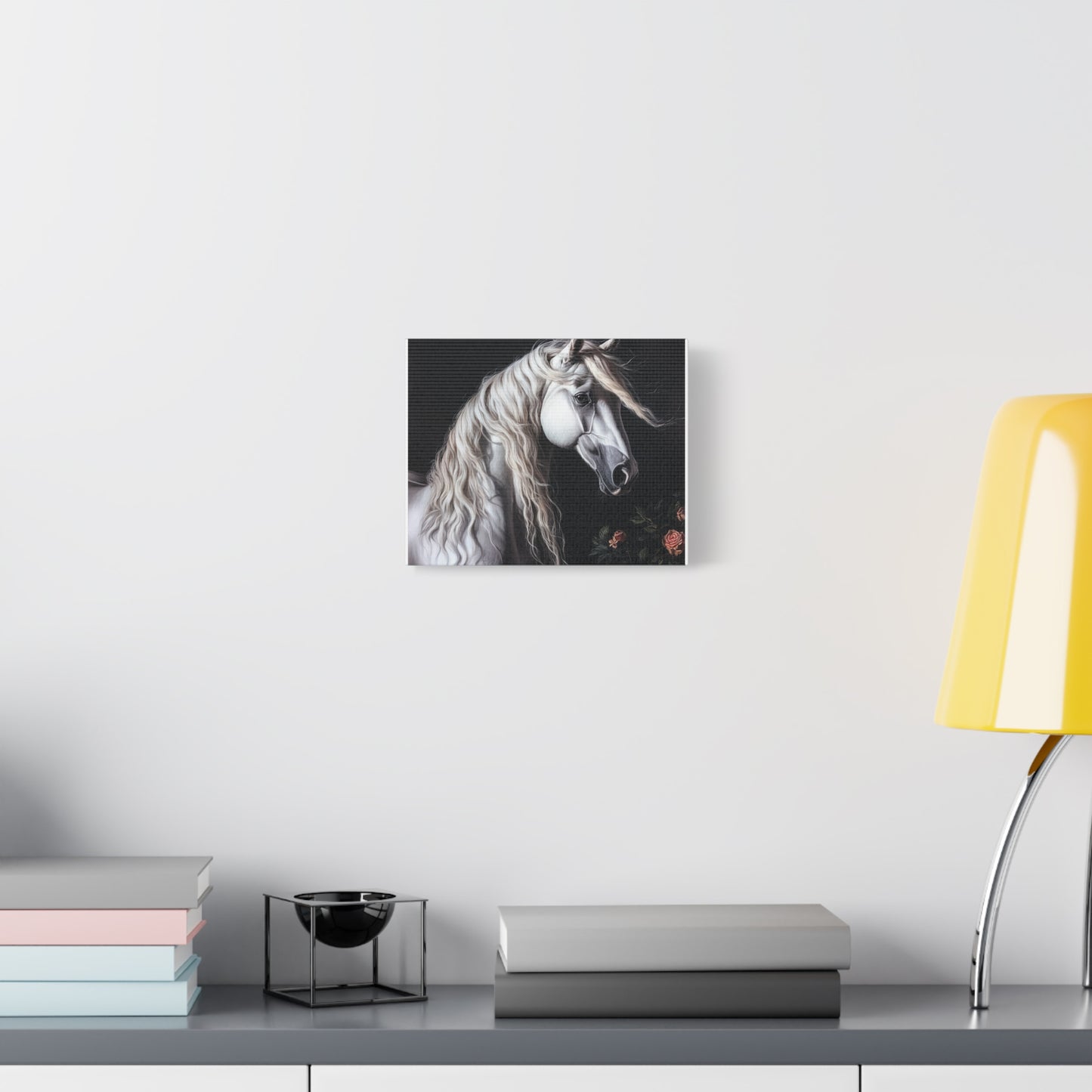 White Arabian Horse Canvas Wall Art | Elegant Matte Floral Print