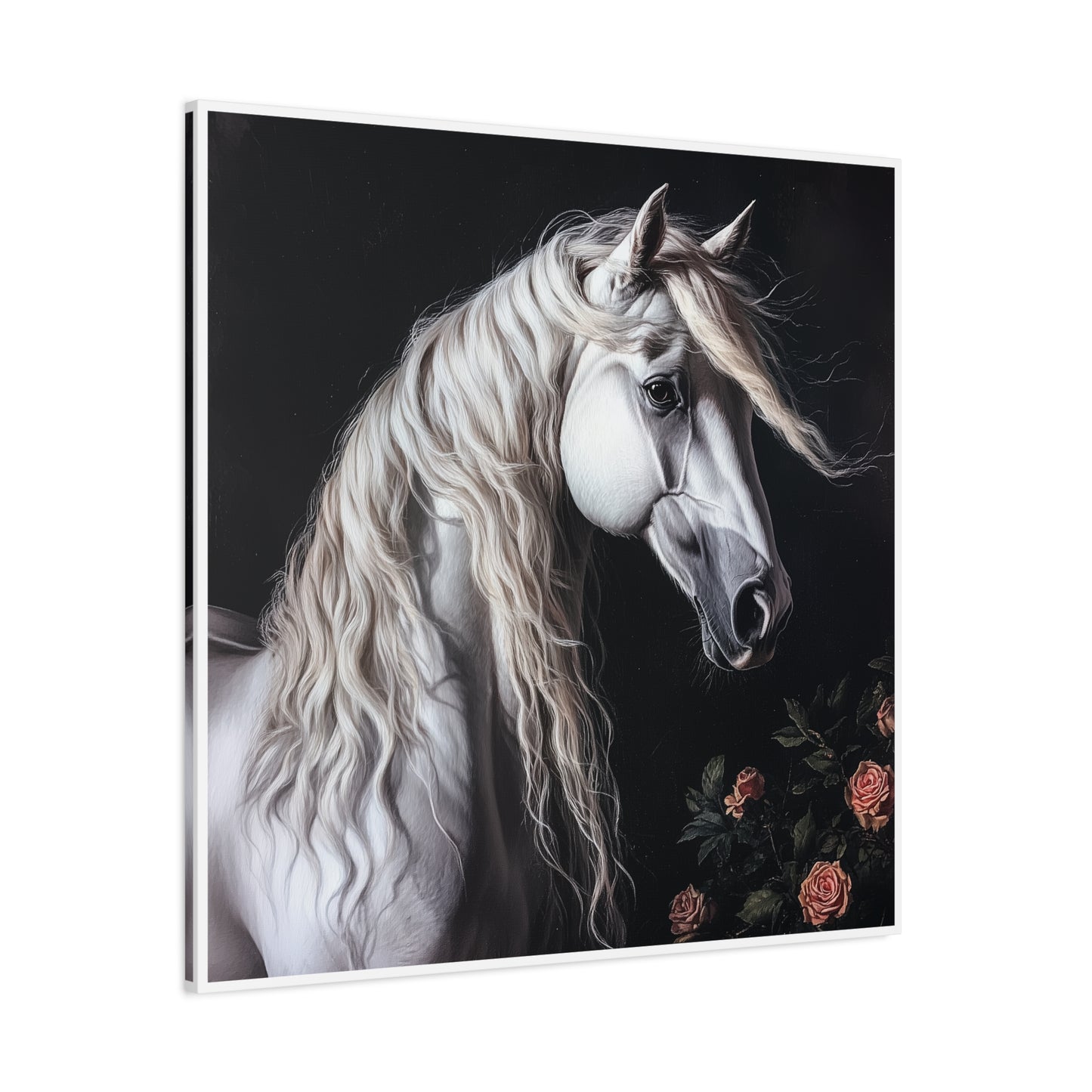 White Arabian Horse Canvas Wall Art | Elegant Matte Floral Print