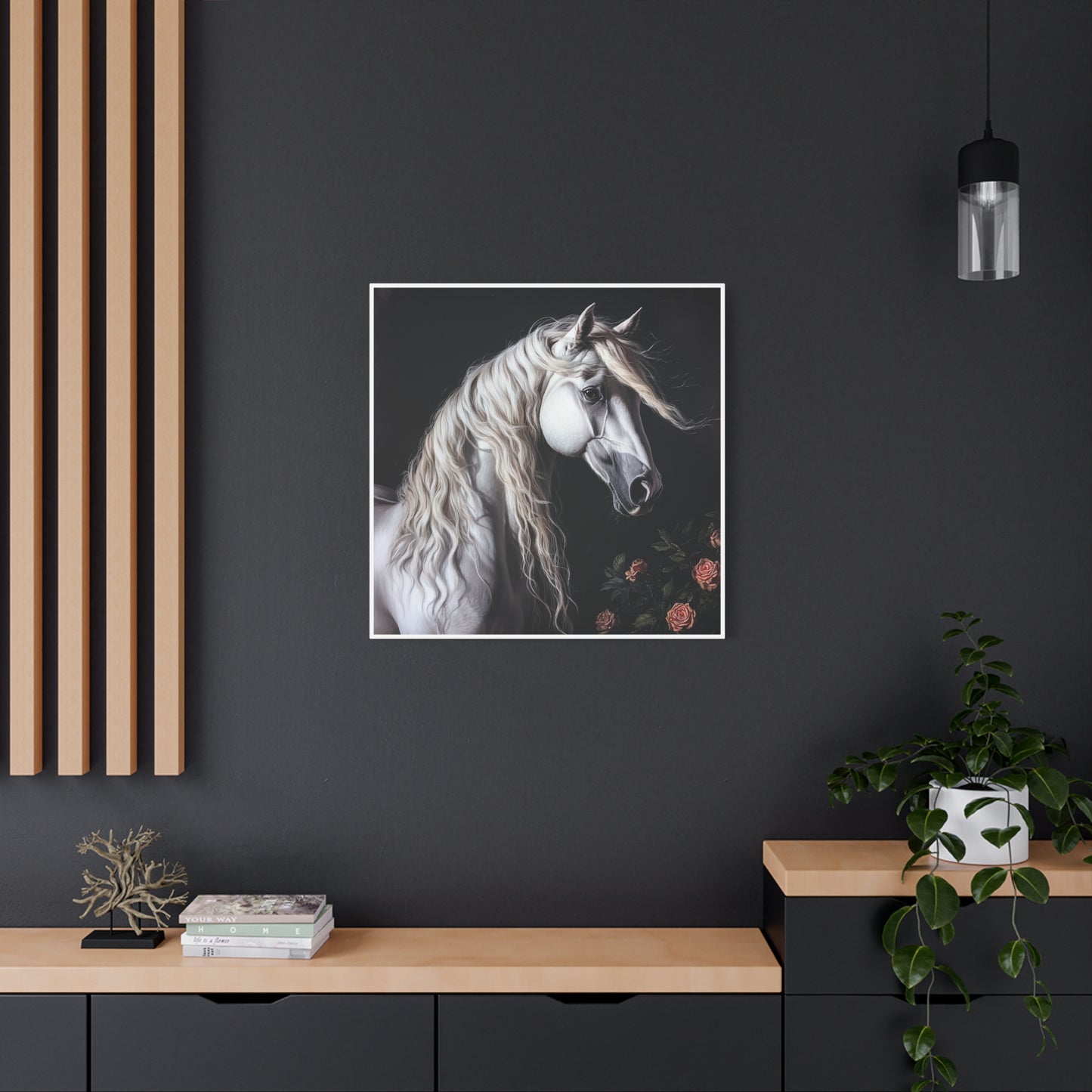 White Arabian Horse Canvas Wall Art | Elegant Matte Floral Print