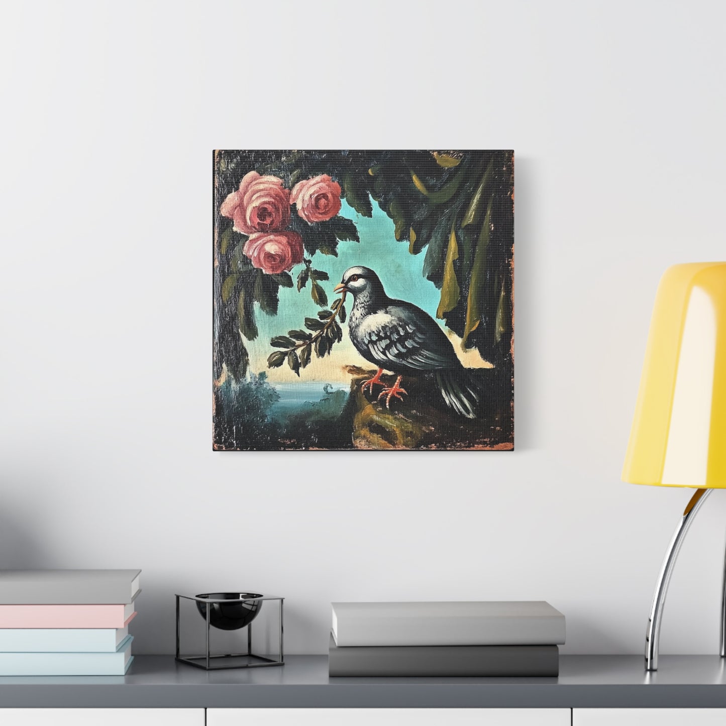 Dove & Roses Matte Canvas Wall Art | Vintage Bird & Floral Print