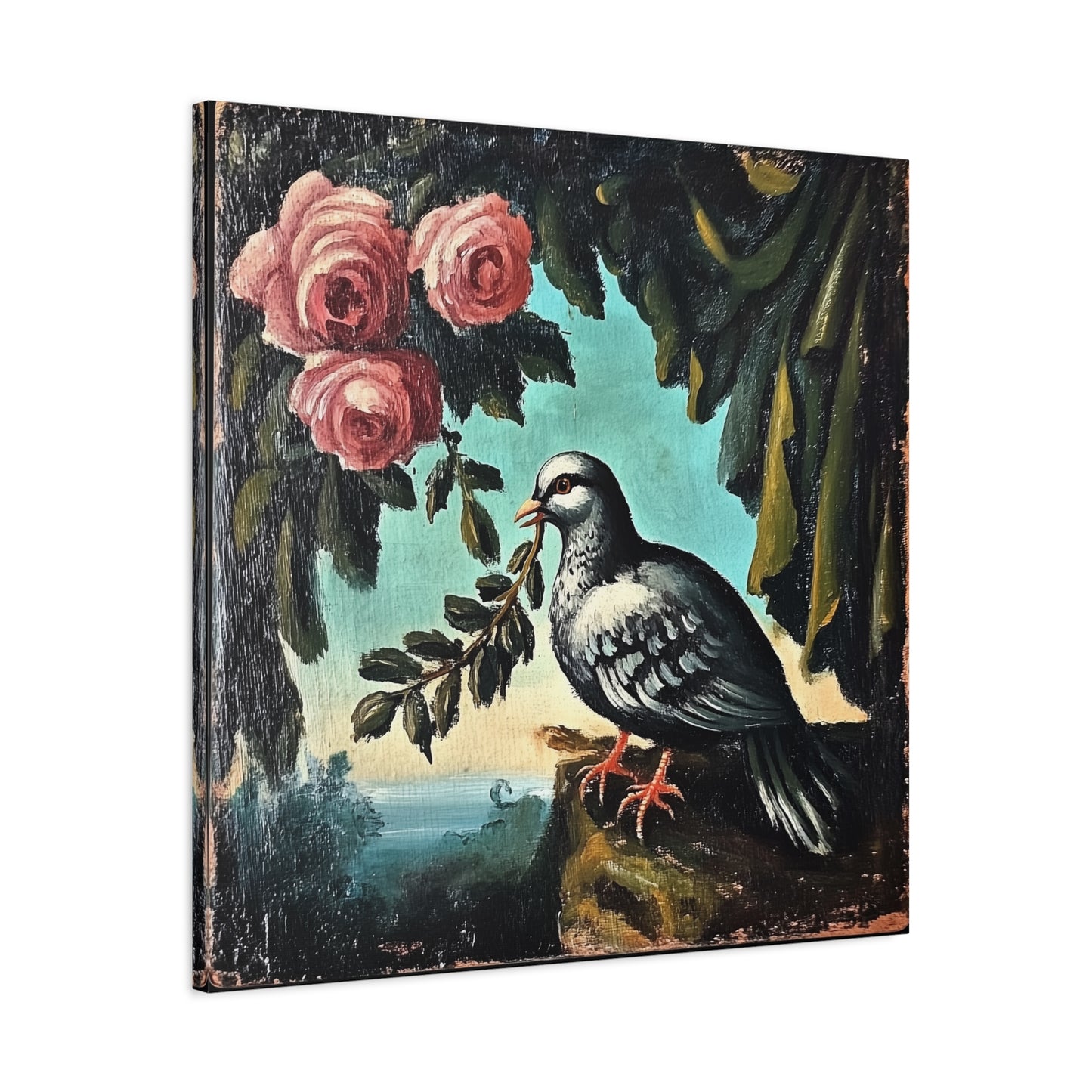 Dove & Roses Matte Canvas Wall Art | Vintage Bird & Floral Print