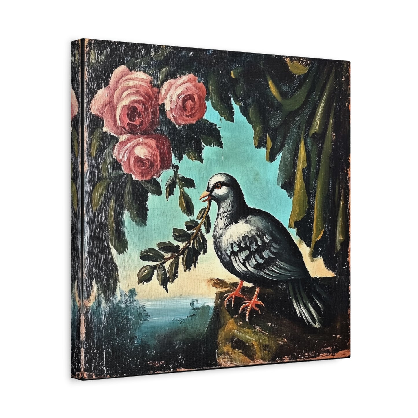 Dove & Roses Matte Canvas Wall Art | Vintage Bird & Floral Print