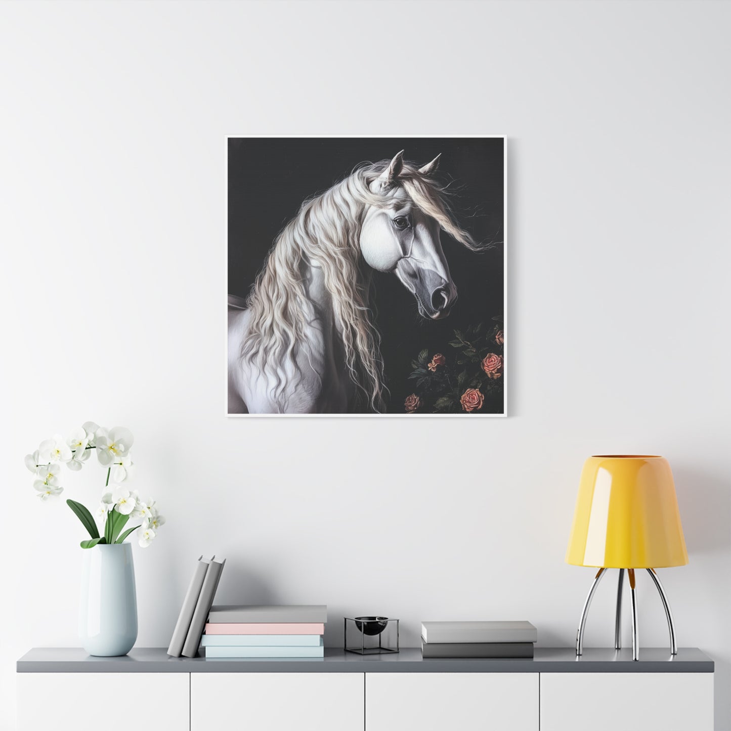 White Arabian Horse Canvas Wall Art | Elegant Matte Floral Print