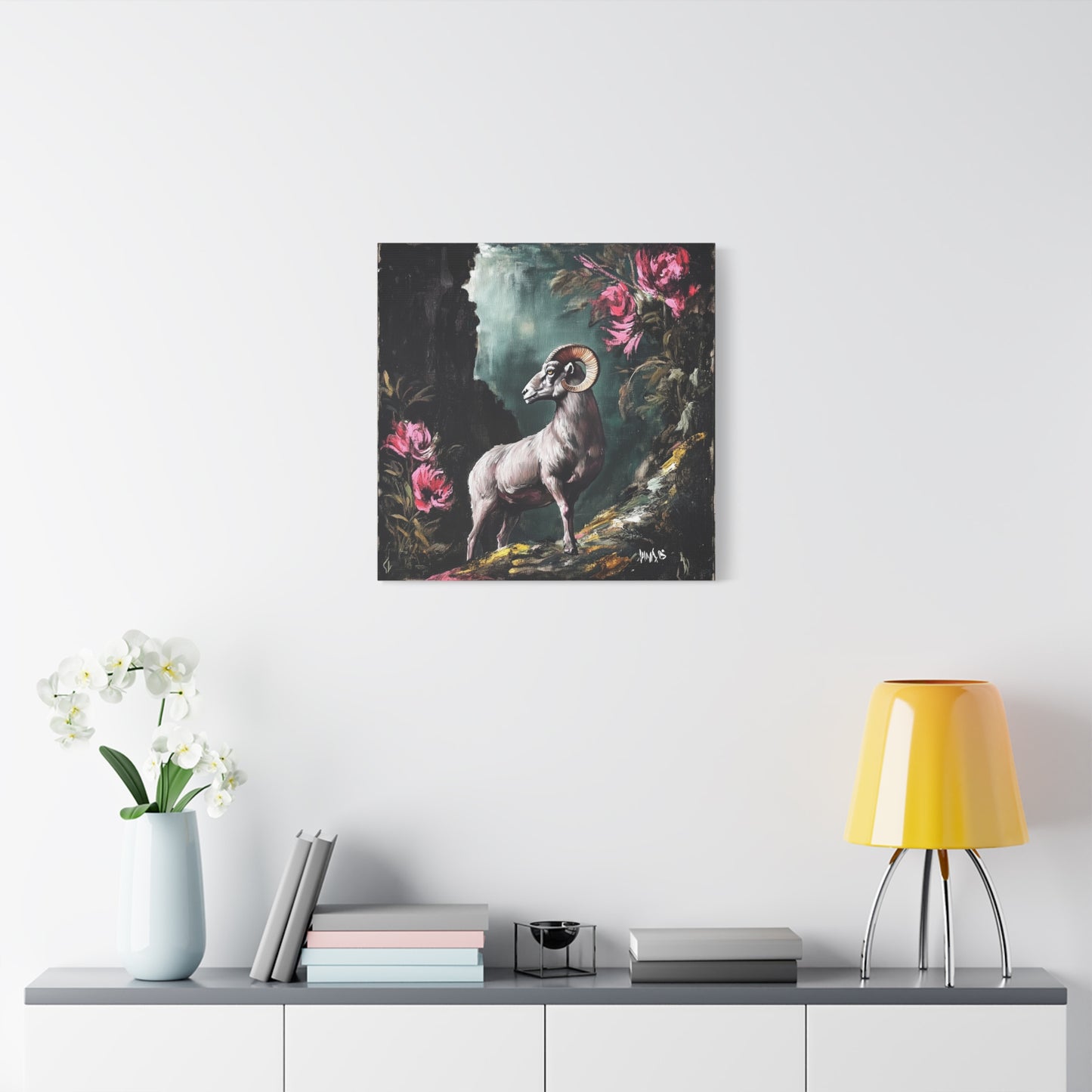 Mountain Ram Canvas Wall Art | Moody Wildlife Matte Print
