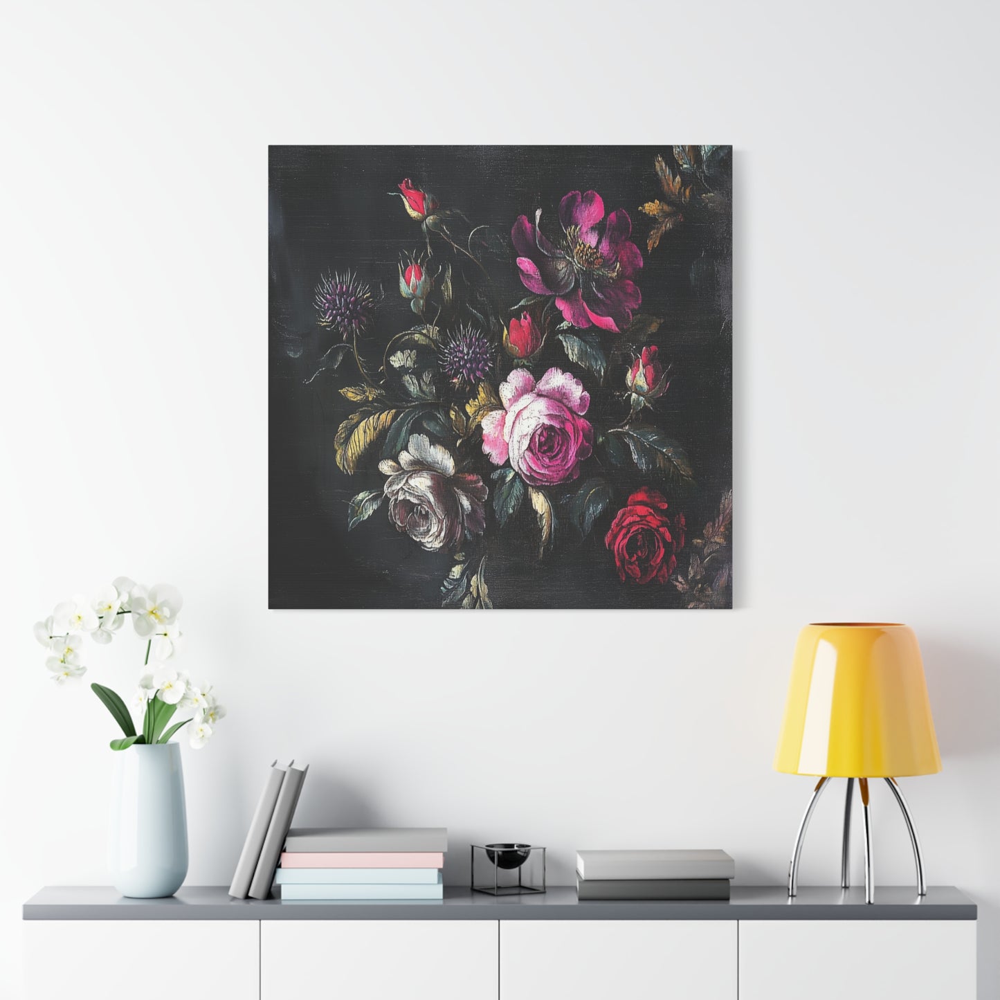 Vintage Dark Floral — Romantic Rose Bouquet Canvas Wall Art