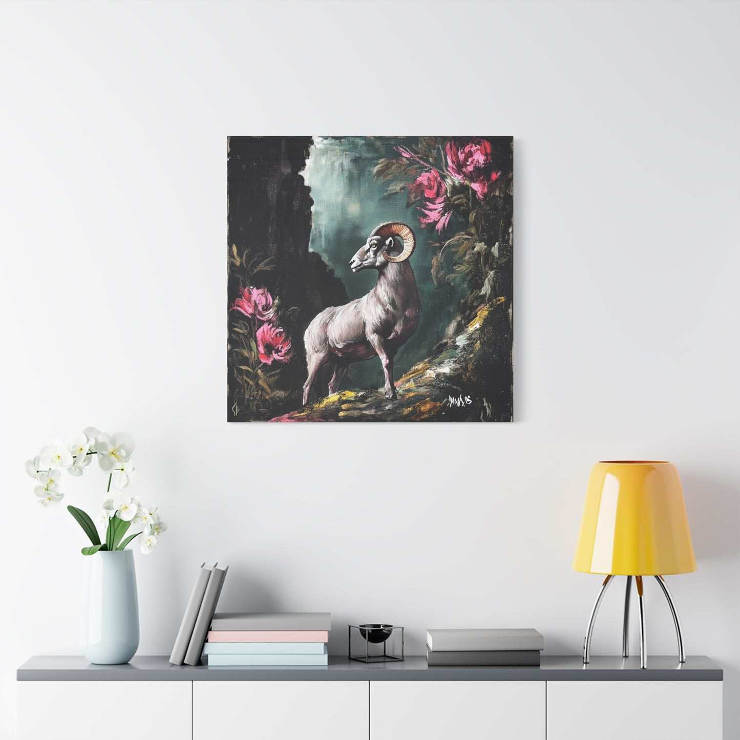 Mountain Ram Canvas Wall Art | Moody Wildlife Matte Print