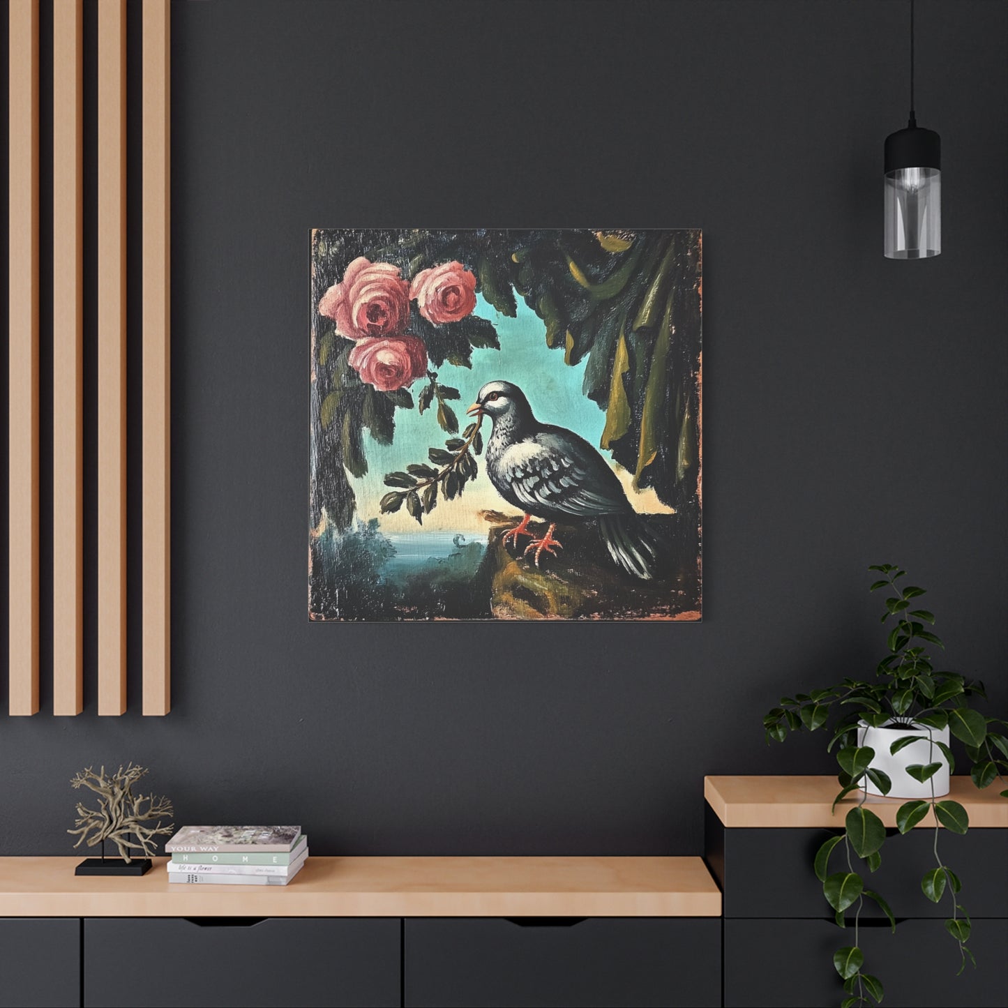 Dove & Roses Matte Canvas Wall Art | Vintage Bird & Floral Print