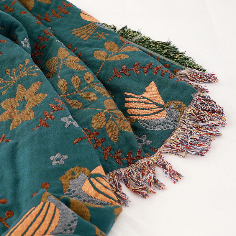 Folk Bird Botanical Throw Blanket | Farmhouse Cotton Sofa Cover