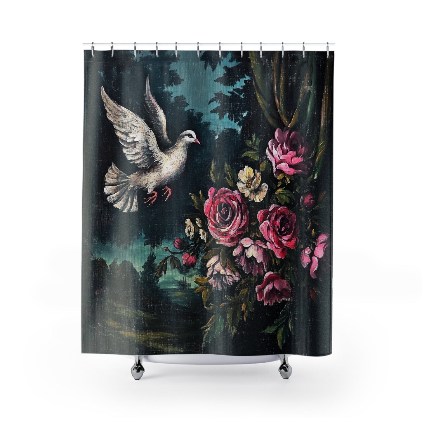 Shower Curtain — Vintage Dove & Rose Floral Bathroom Curtain