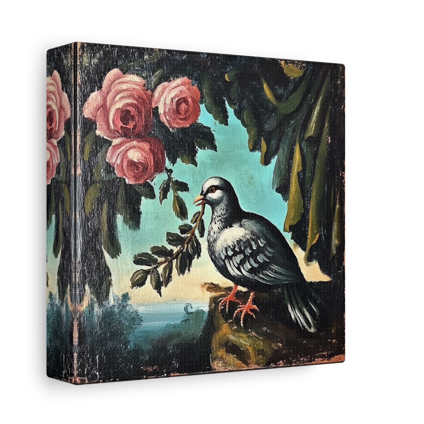 Dove & Roses Matte Canvas Wall Art | Vintage Bird & Floral Print