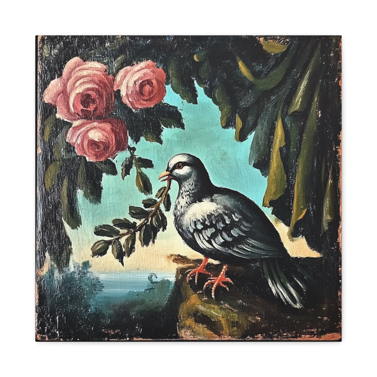 Dove & Roses Matte Canvas Wall Art | Vintage Bird & Floral Print