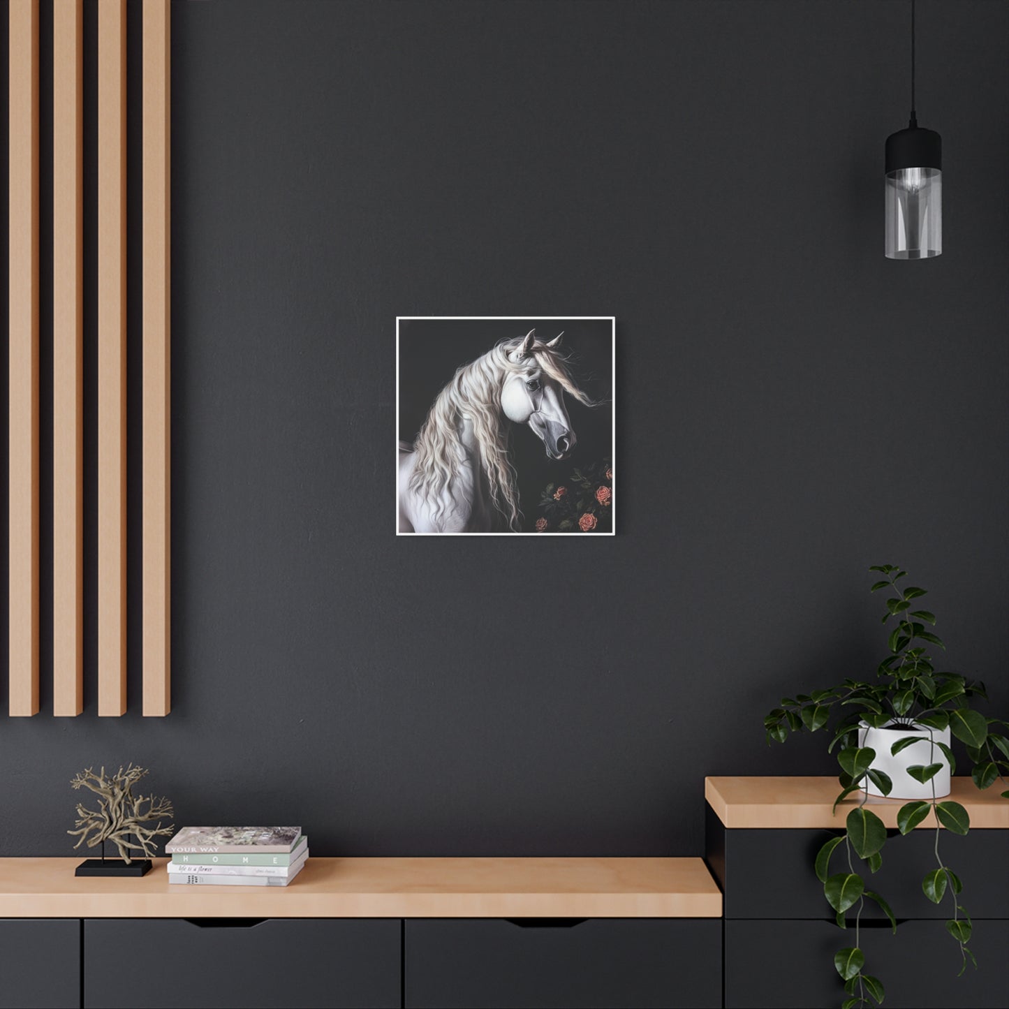 White Arabian Horse Canvas Wall Art | Elegant Matte Floral Print