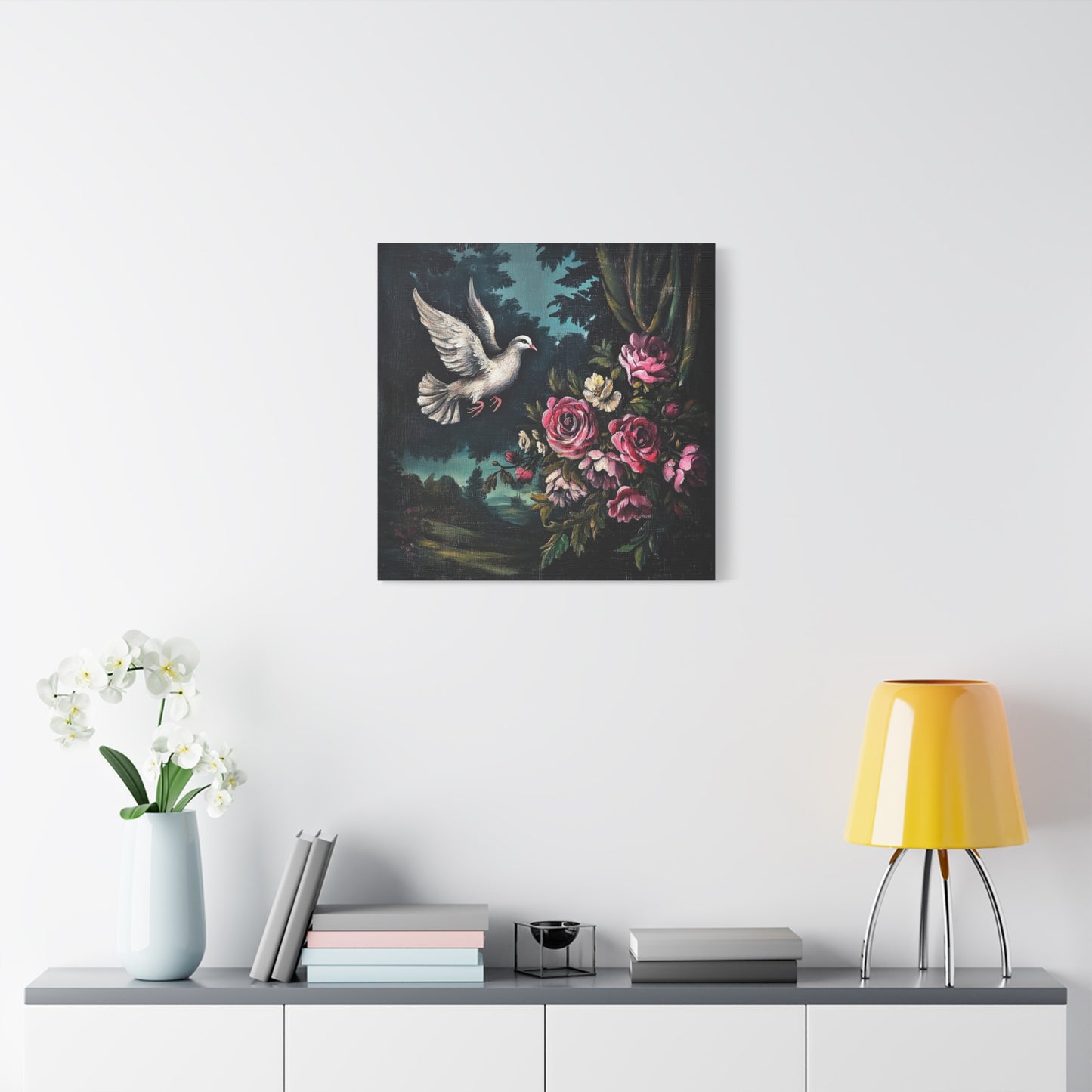 Dove & Roses Canvas Wall Art | Vintage Botanical Print