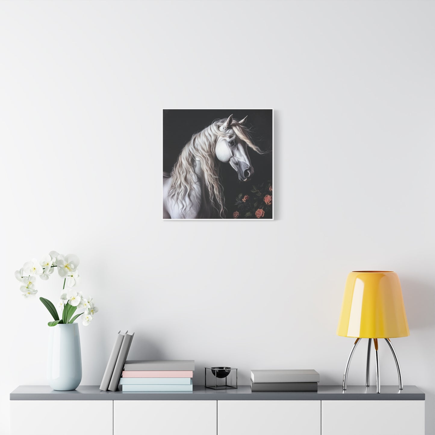 White Arabian Horse Canvas Wall Art | Elegant Matte Floral Print