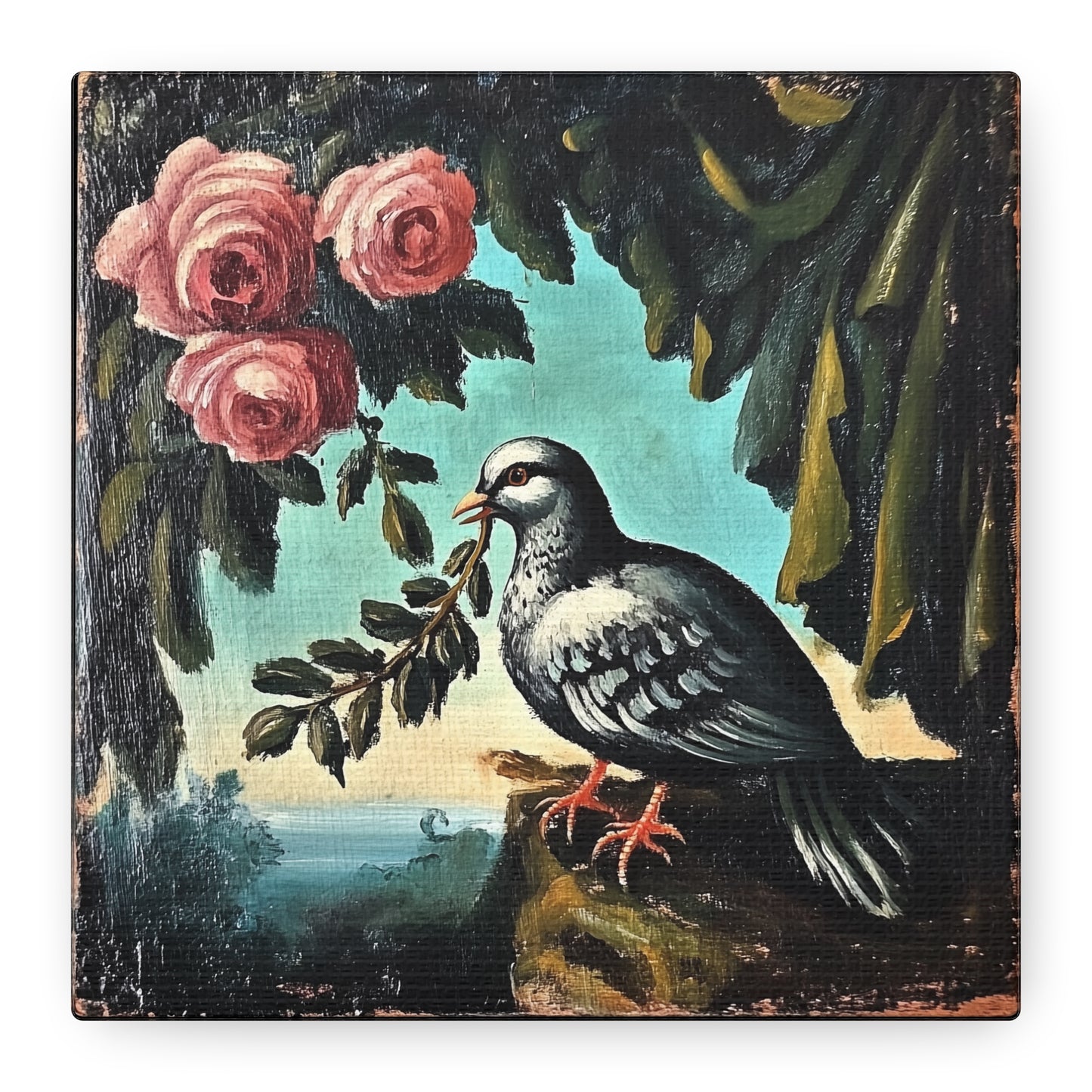 Dove & Roses Matte Canvas Wall Art | Vintage Bird & Floral Print