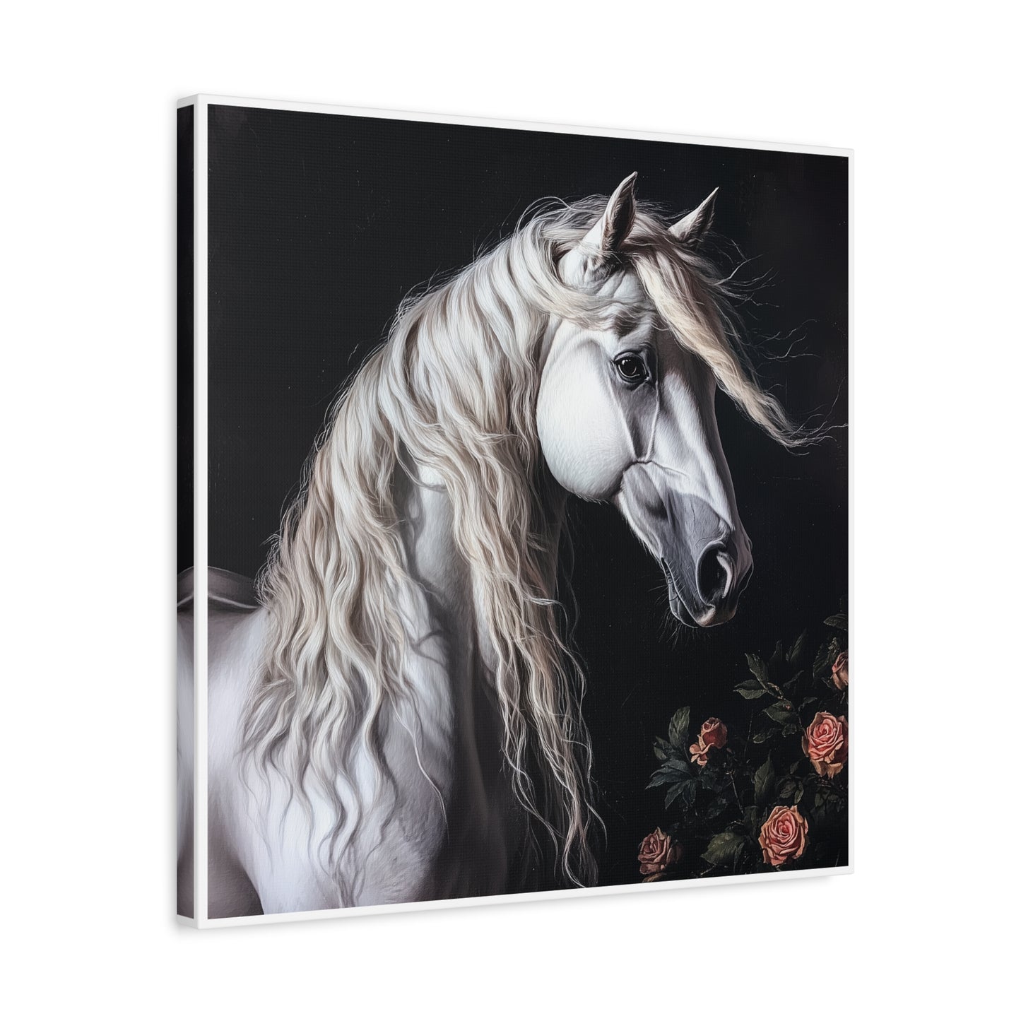 White Arabian Horse Canvas Wall Art | Elegant Matte Floral Print