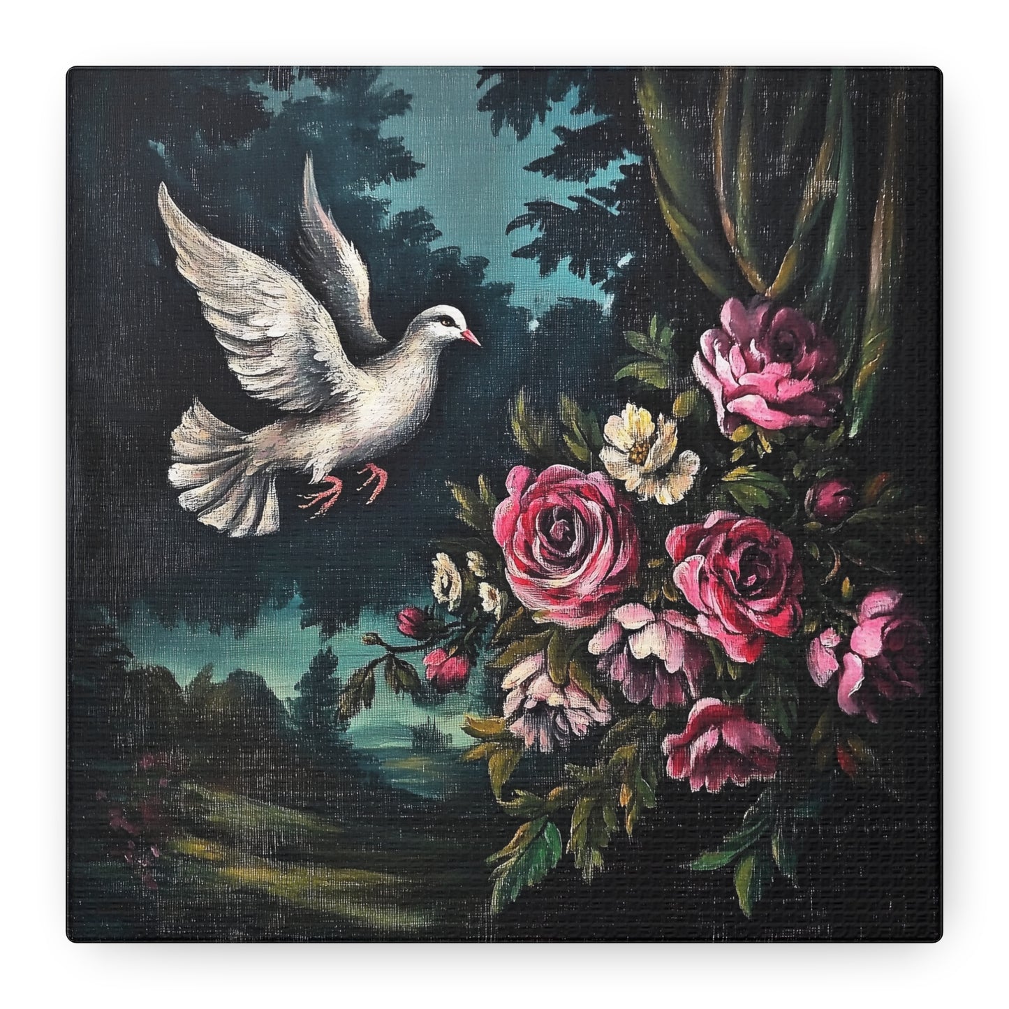 Dove & Roses Canvas Wall Art | Vintage Botanical Print