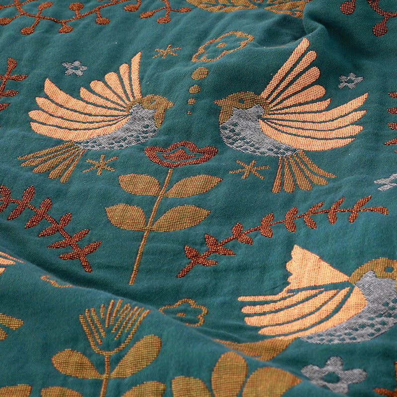Folk Bird Botanical Throw Blanket | Farmhouse Cotton Sofa Cover