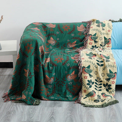 Folk Bird Botanical Throw Blanket | Farmhouse Cotton Sofa Cover