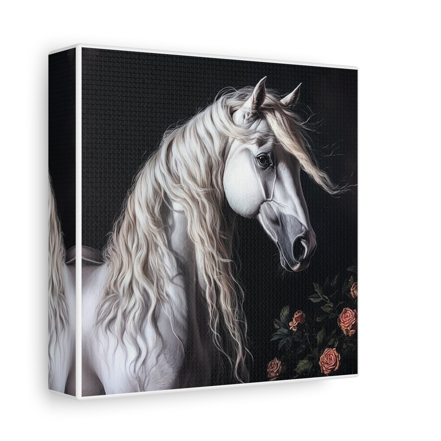 White Arabian Horse Canvas Wall Art | Elegant Matte Floral Print
