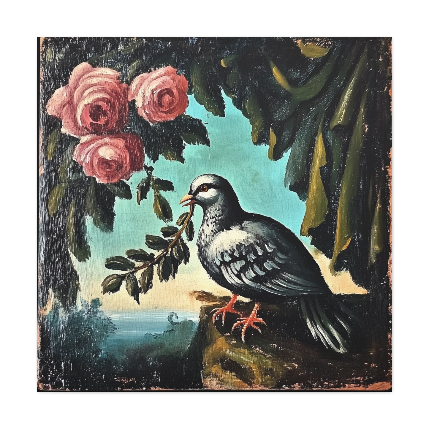 Dove & Roses Matte Canvas Wall Art | Vintage Bird & Floral Print