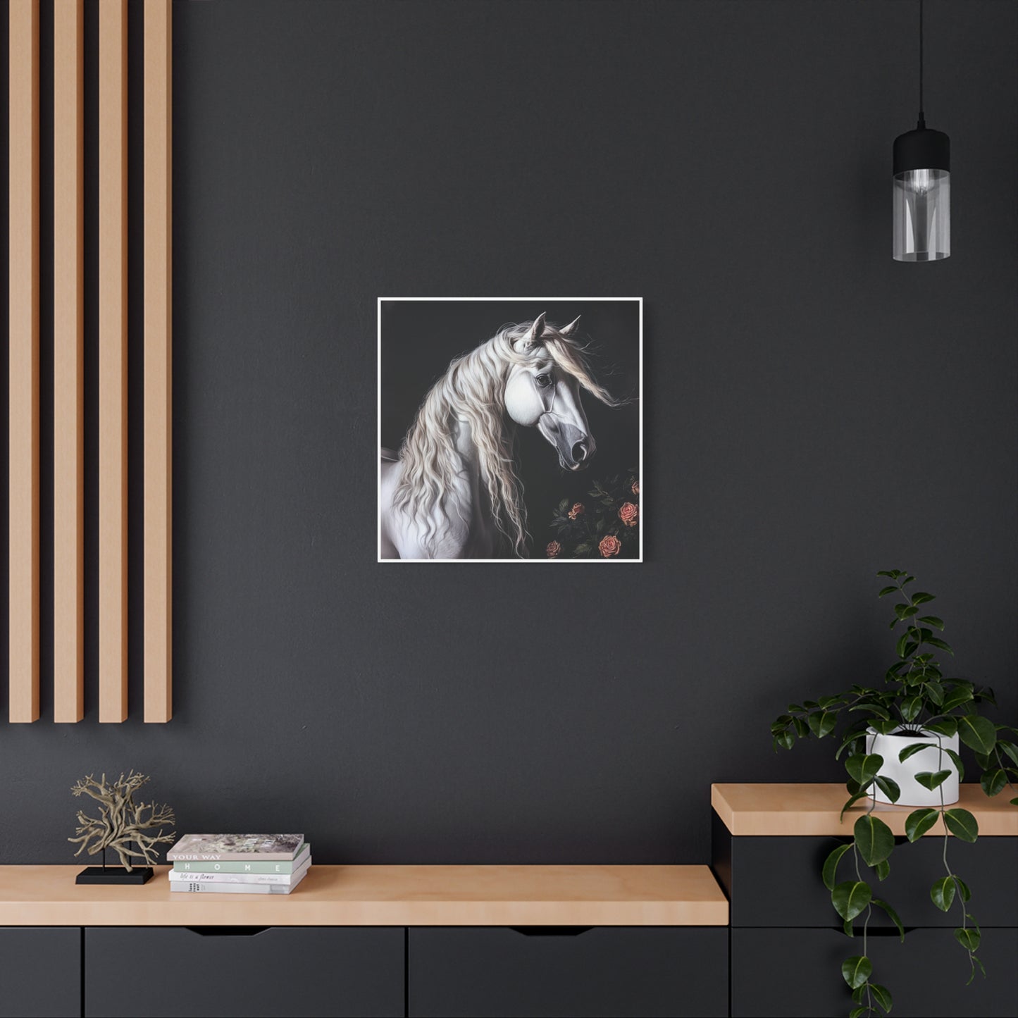 White Arabian Horse Canvas Wall Art | Elegant Matte Floral Print