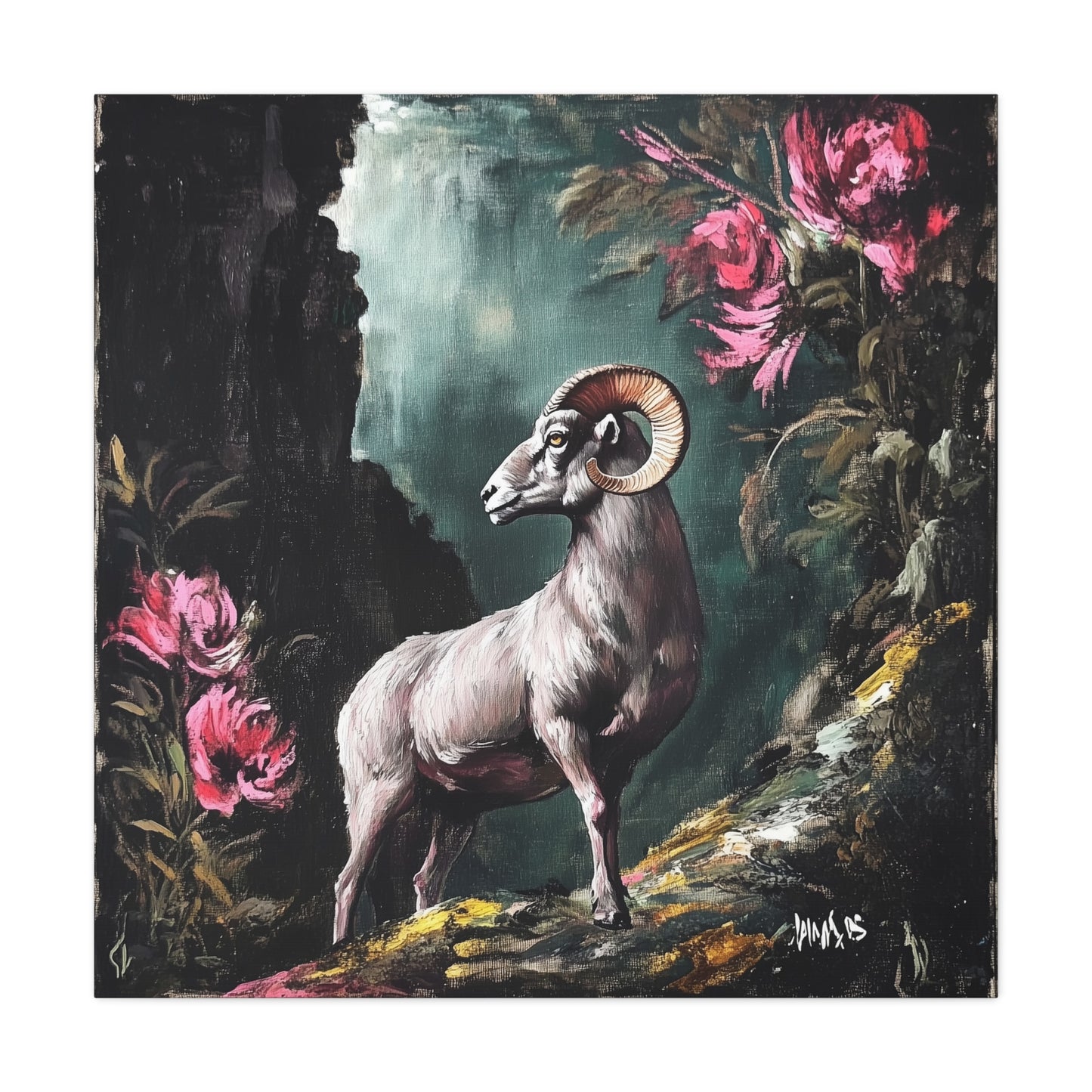 Mountain Ram Canvas Wall Art | Moody Wildlife Matte Print