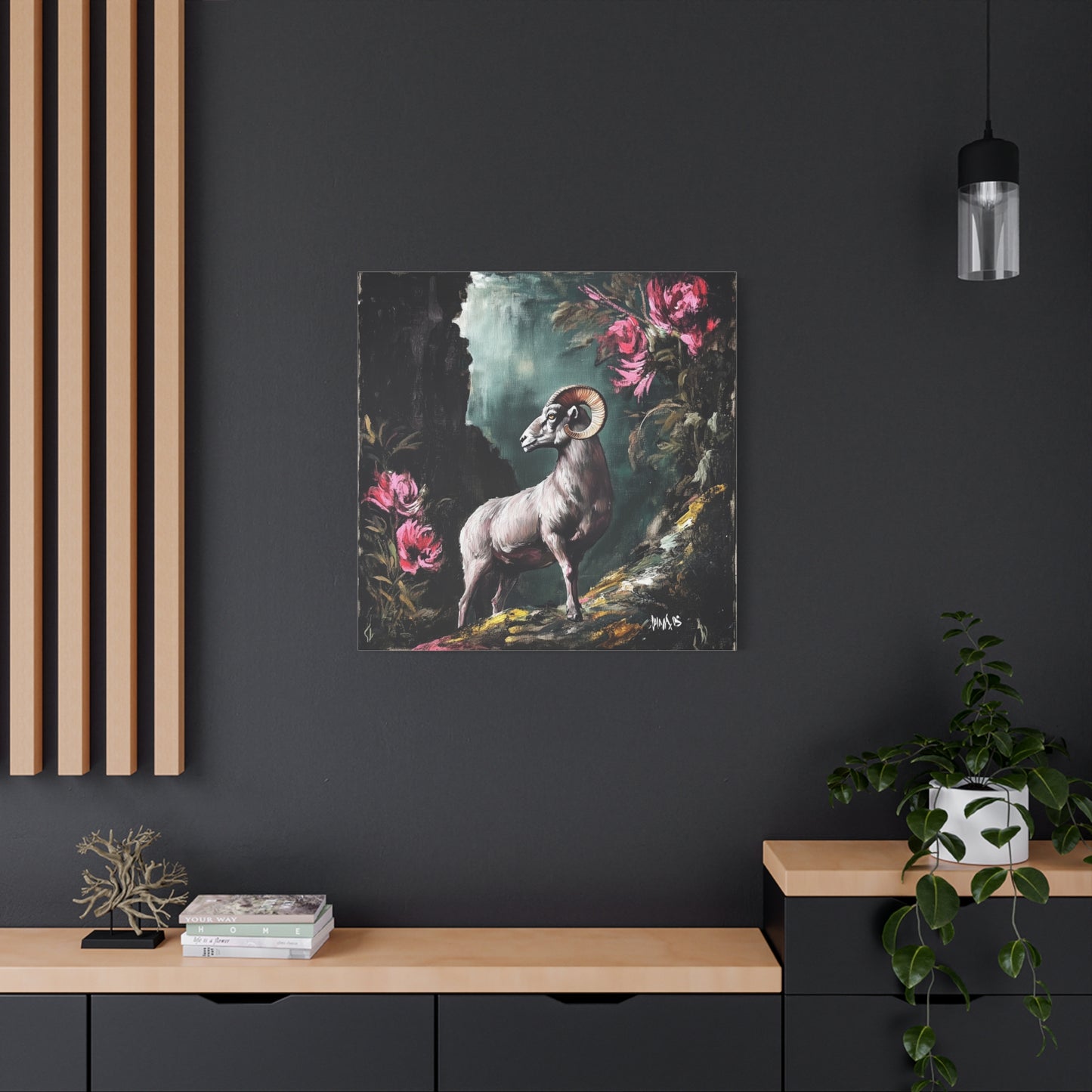 Mountain Ram Canvas Wall Art | Moody Wildlife Matte Print
