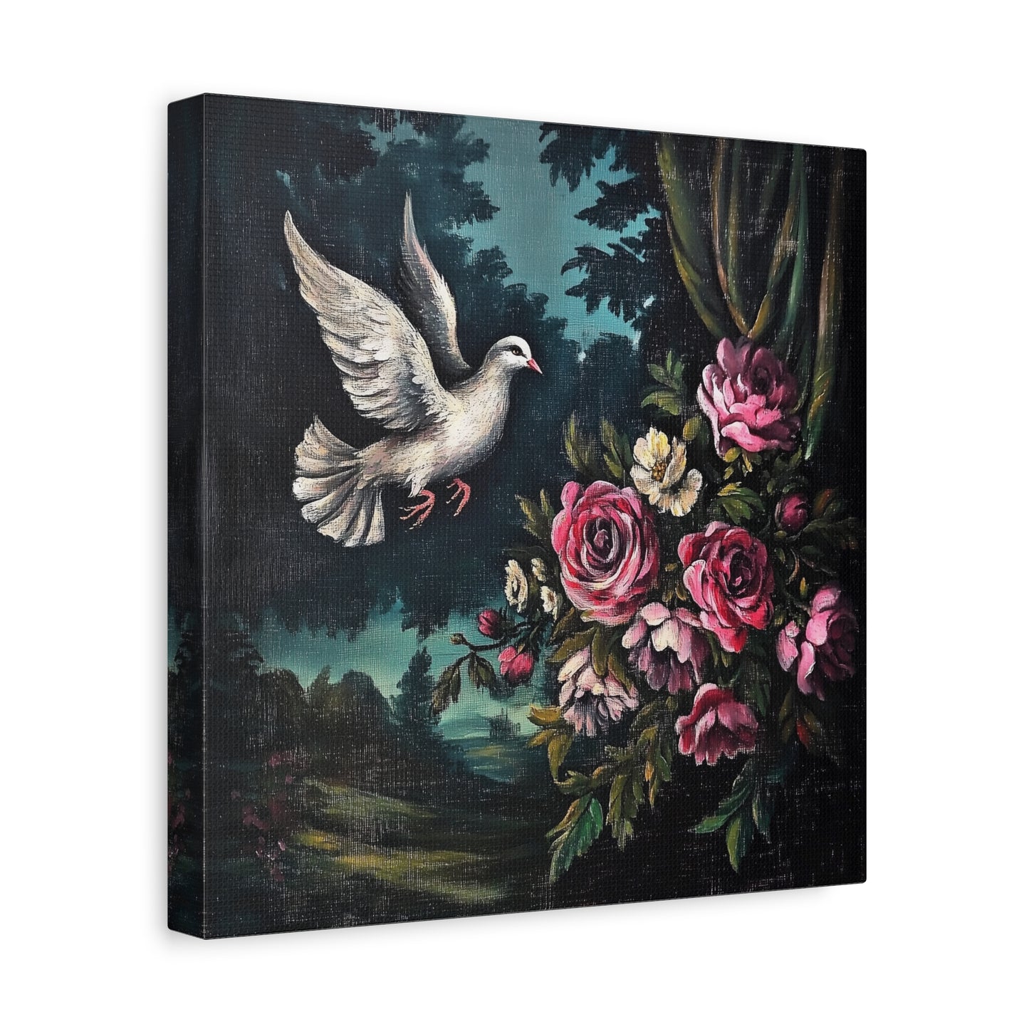 Dove & Roses Canvas Wall Art | Vintage Botanical Print