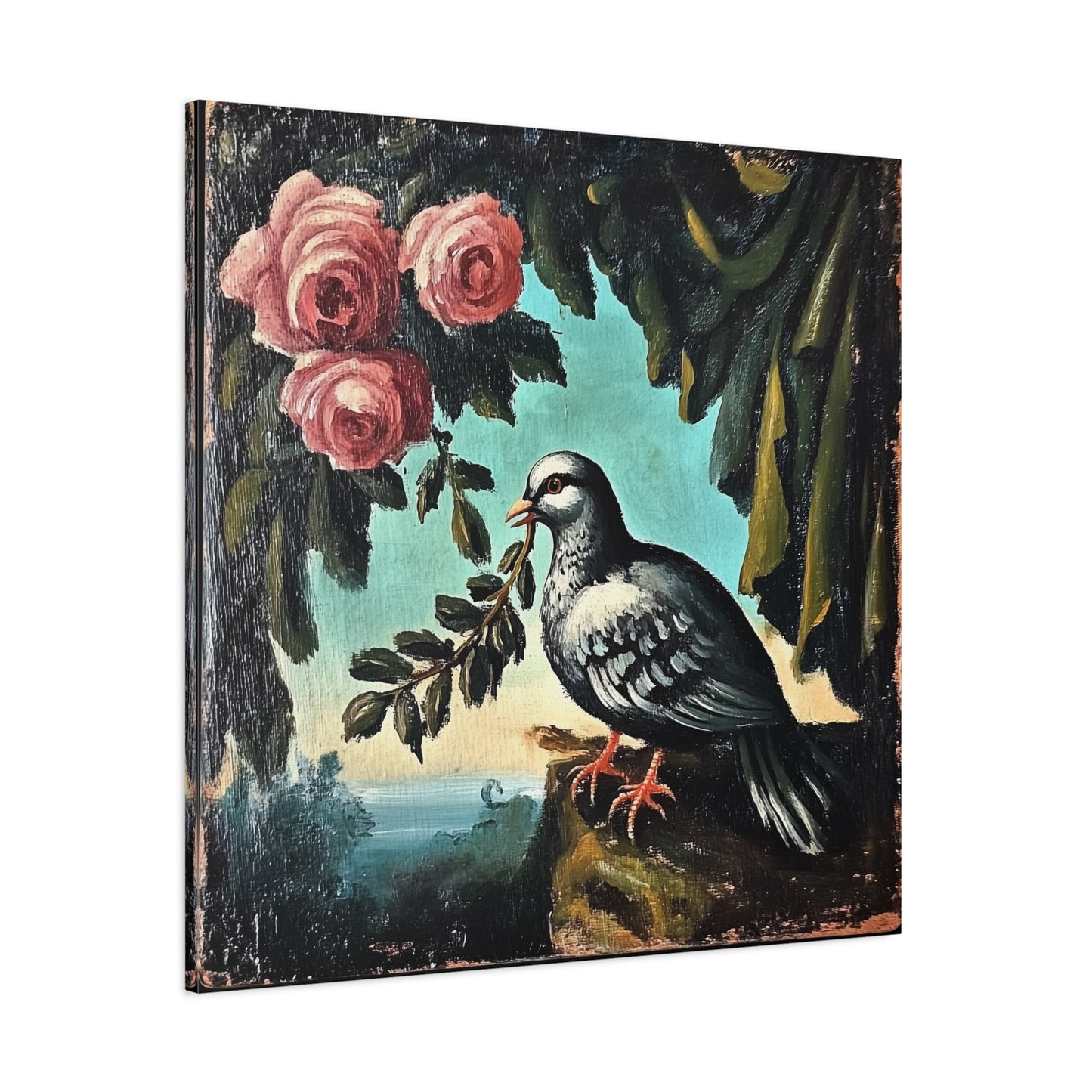 Dove & Roses Matte Canvas Wall Art | Vintage Bird & Floral Print