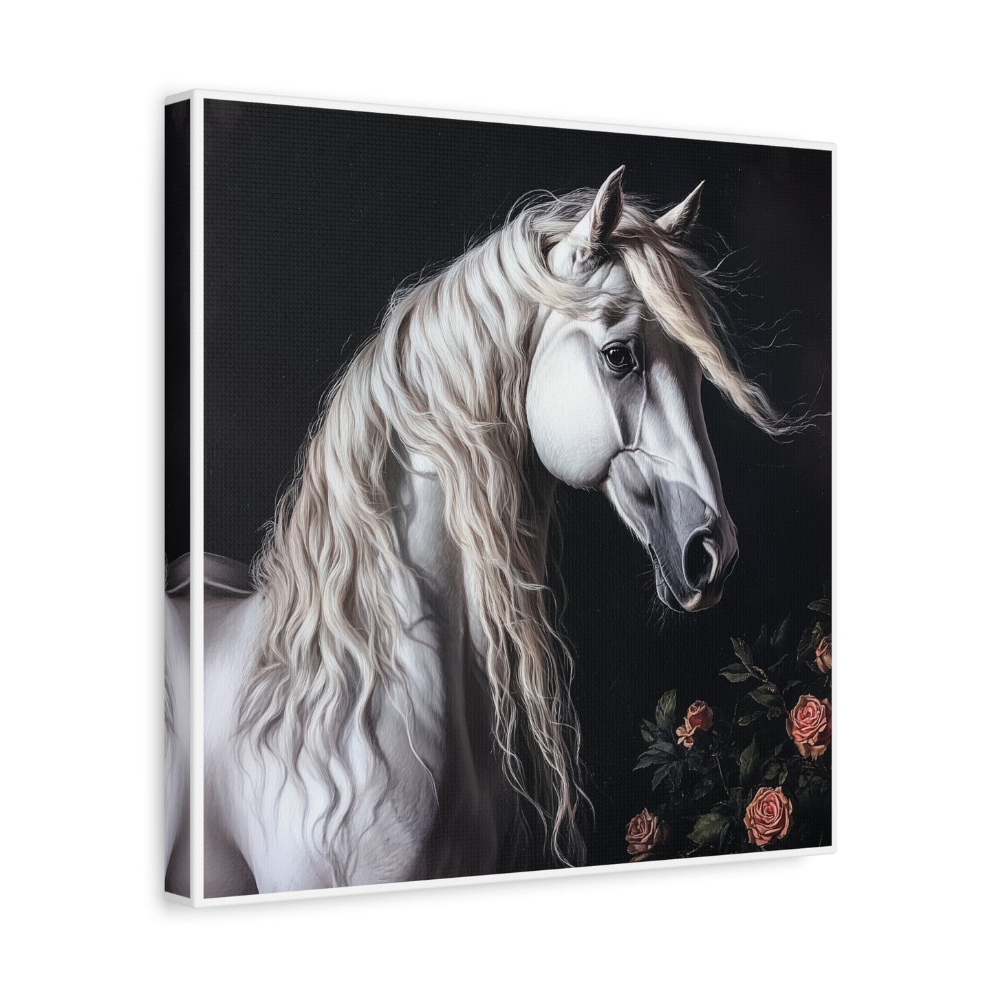 White Arabian Horse Canvas Wall Art | Elegant Matte Floral Print