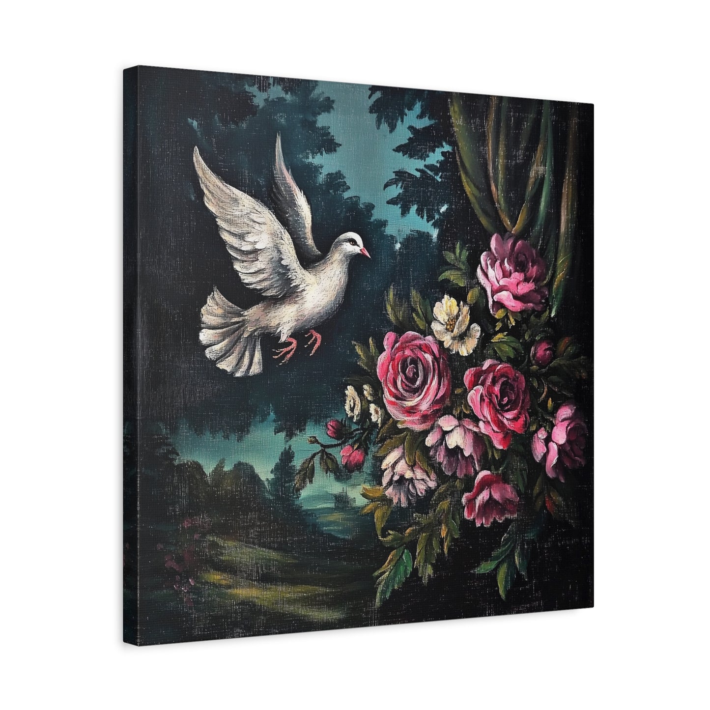 Dove & Roses Canvas Wall Art | Vintage Botanical Print
