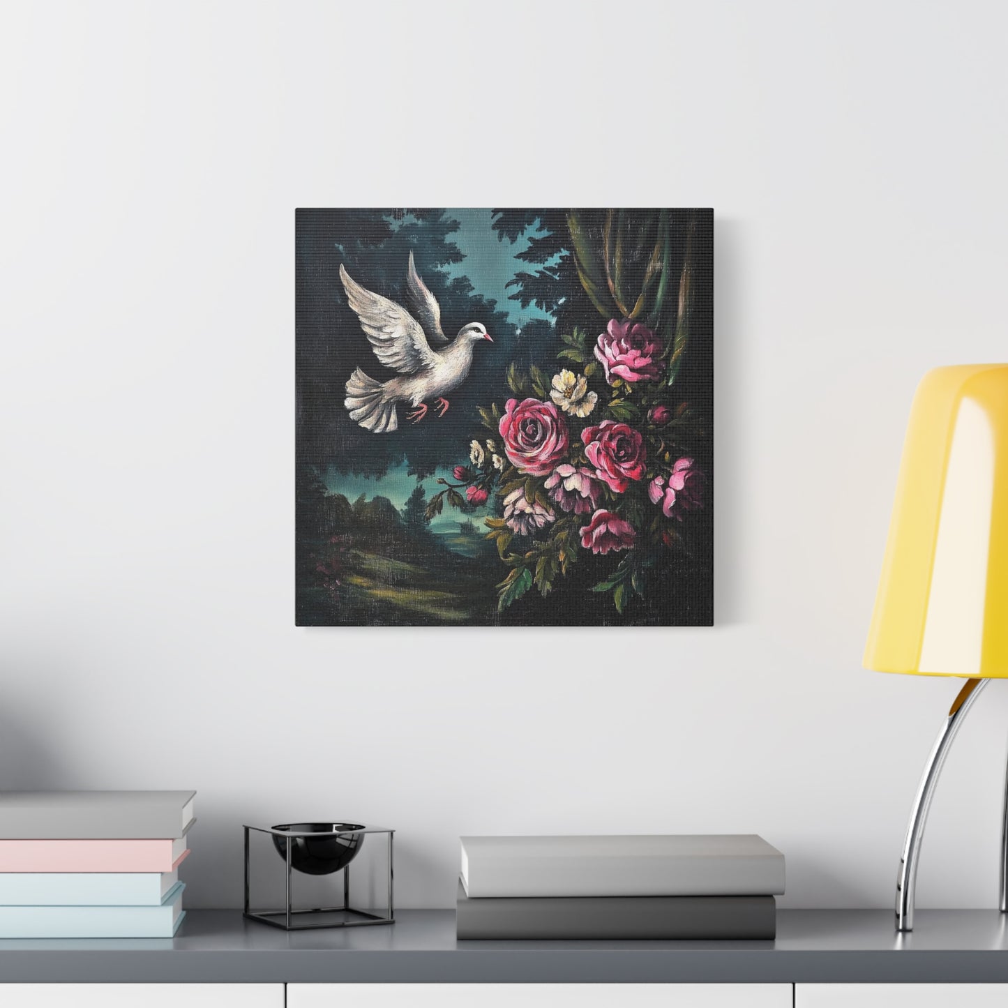 Dove & Roses Canvas Wall Art | Vintage Botanical Print