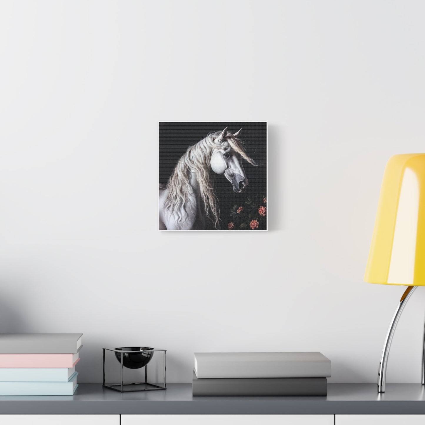 White Arabian Horse Canvas Wall Art | Elegant Matte Floral Print