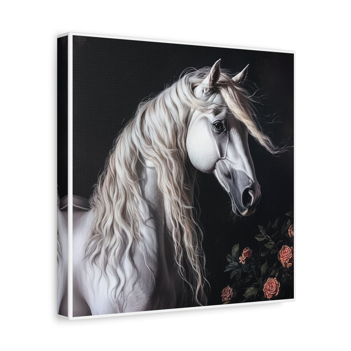 White Arabian Horse Canvas Wall Art | Elegant Matte Floral Print