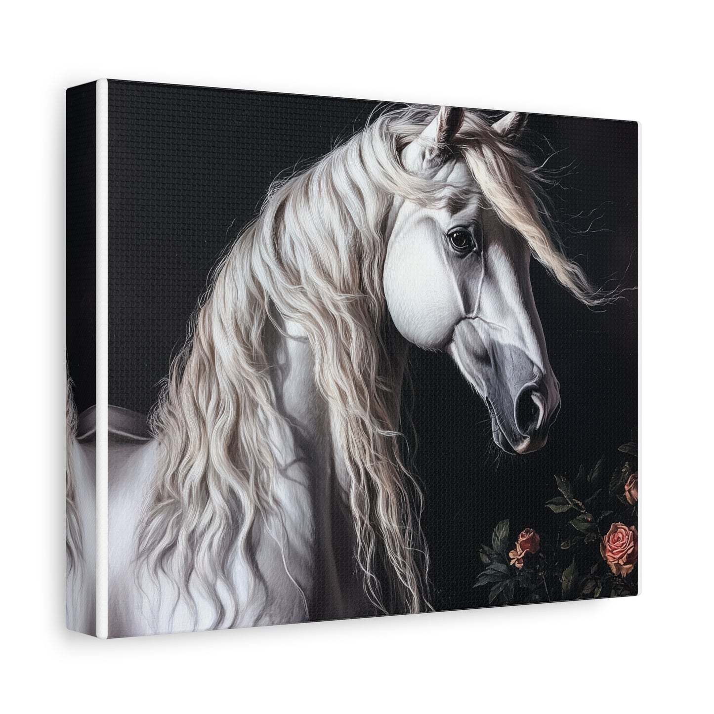 White Arabian Horse Canvas Wall Art | Elegant Matte Floral Print