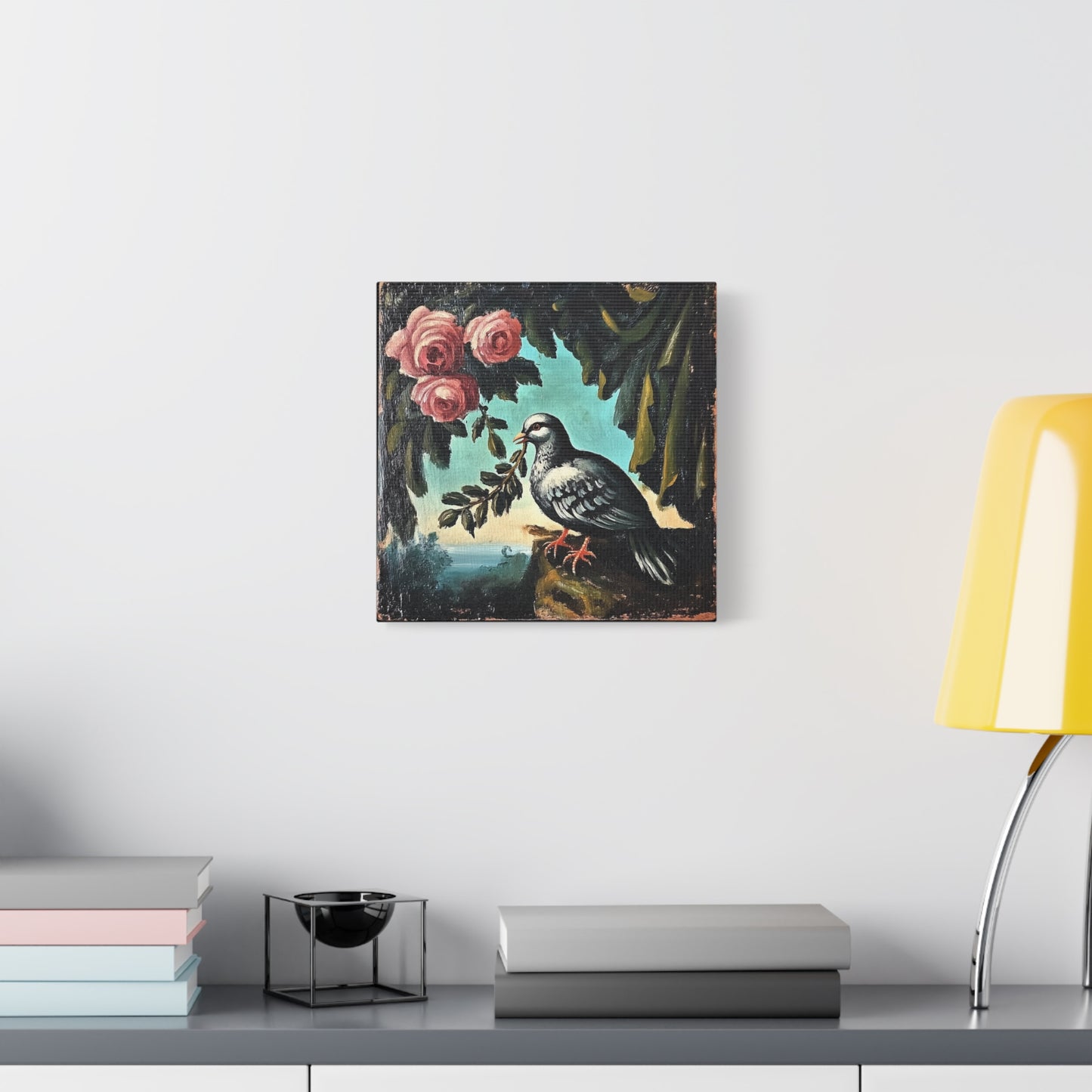 Dove & Roses Matte Canvas Wall Art | Vintage Bird & Floral Print