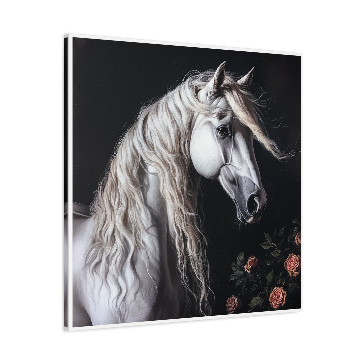 White Arabian Horse Canvas Wall Art | Elegant Matte Floral Print