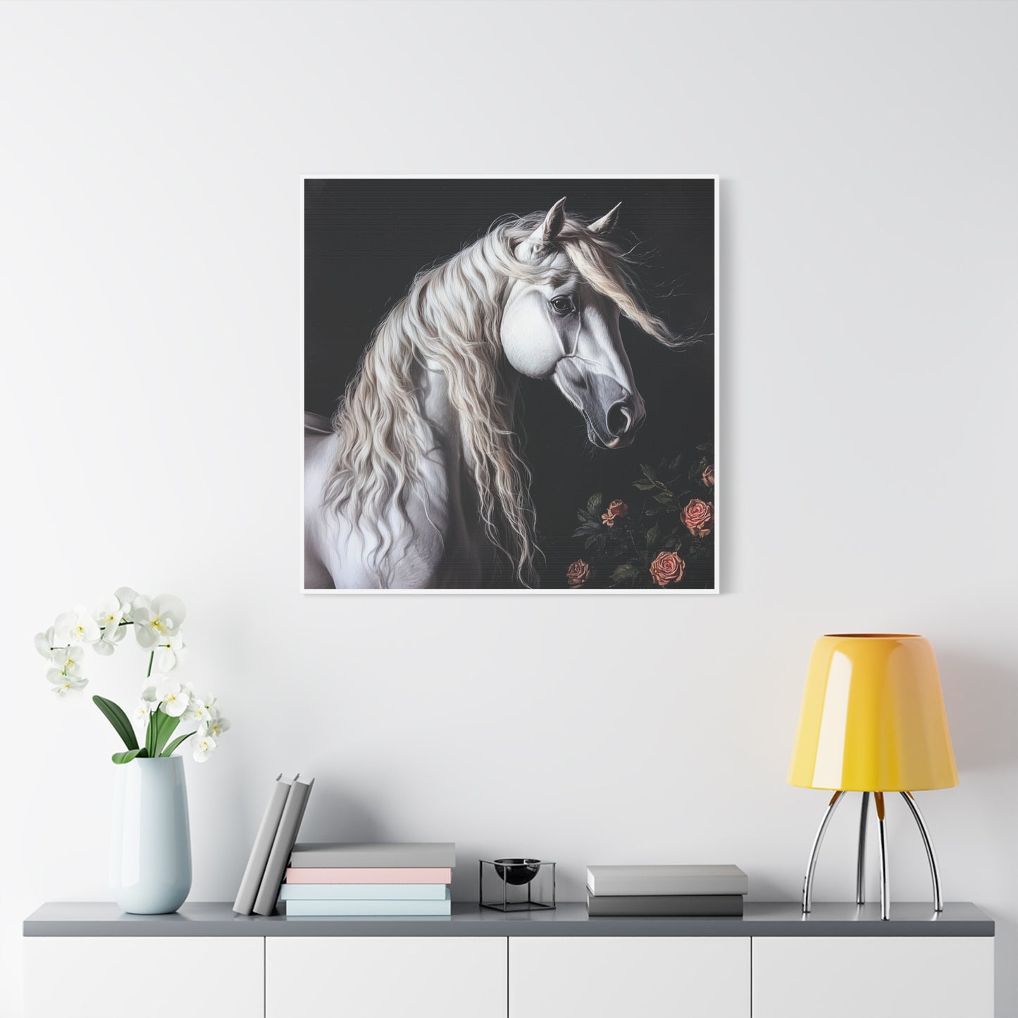 White Arabian Horse Canvas Wall Art | Elegant Matte Floral Print