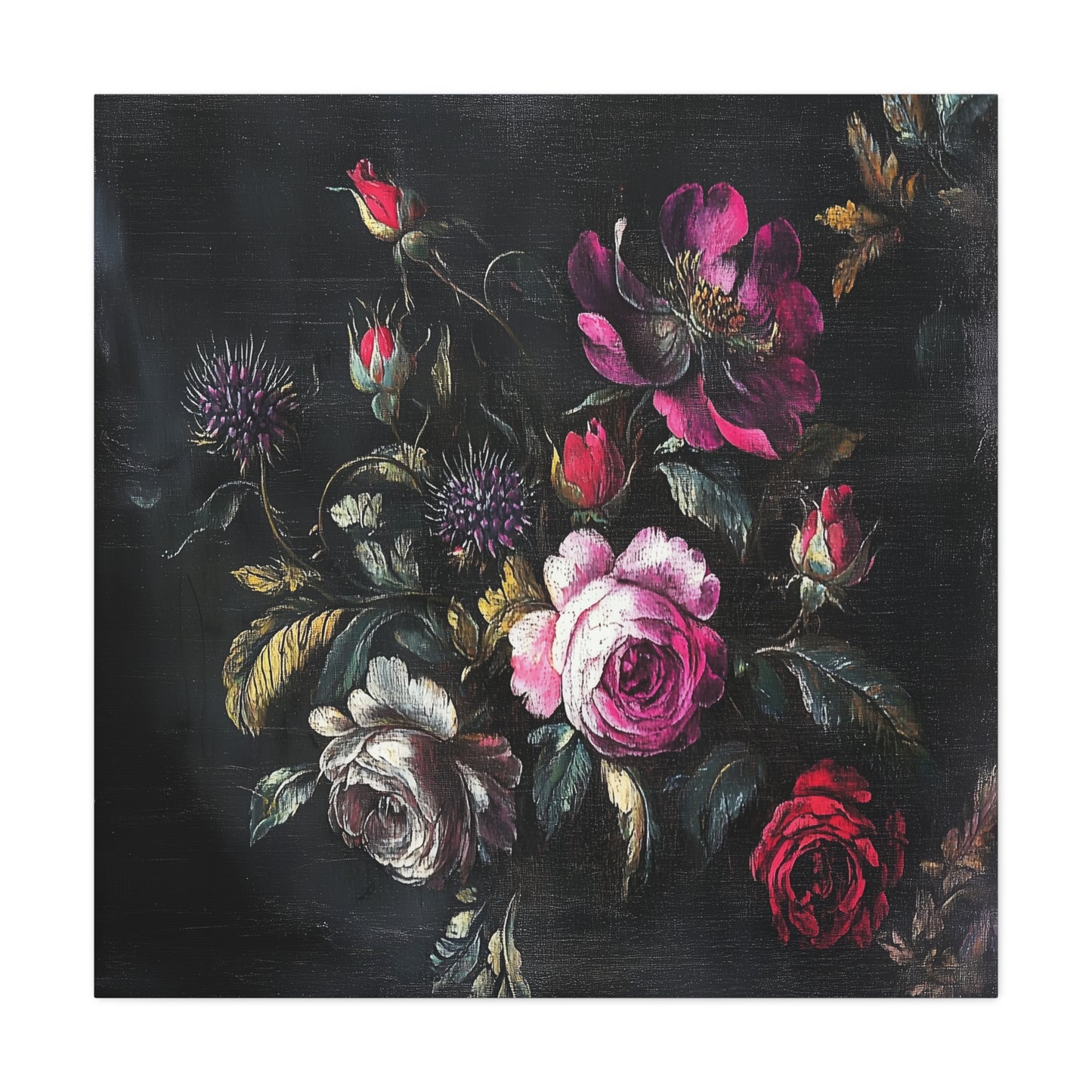 Vintage Dark Floral — Romantic Rose Bouquet Canvas Wall Art