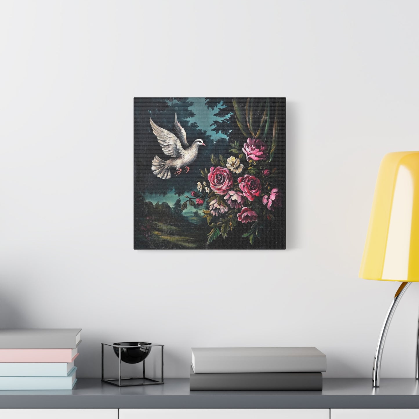 Dove & Roses Canvas Wall Art | Vintage Botanical Print