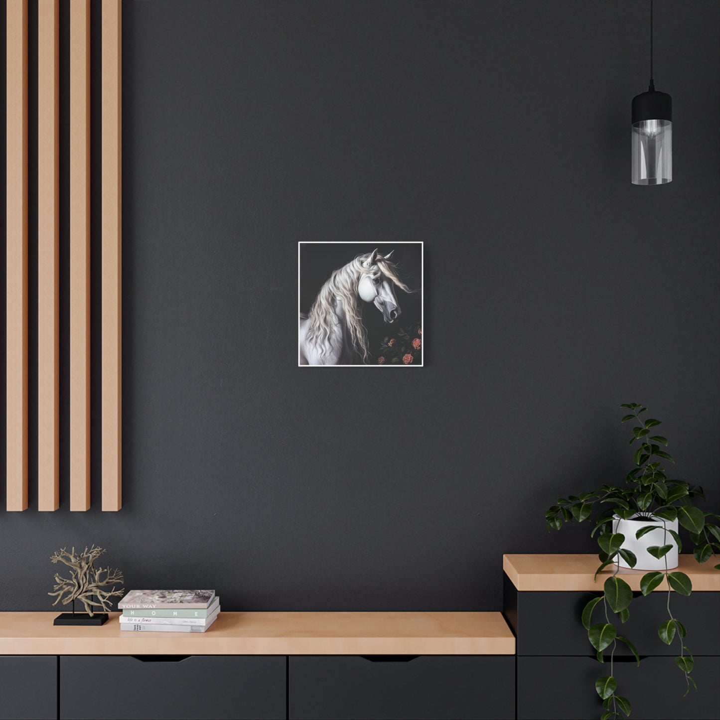 White Arabian Horse Canvas Wall Art | Elegant Matte Floral Print