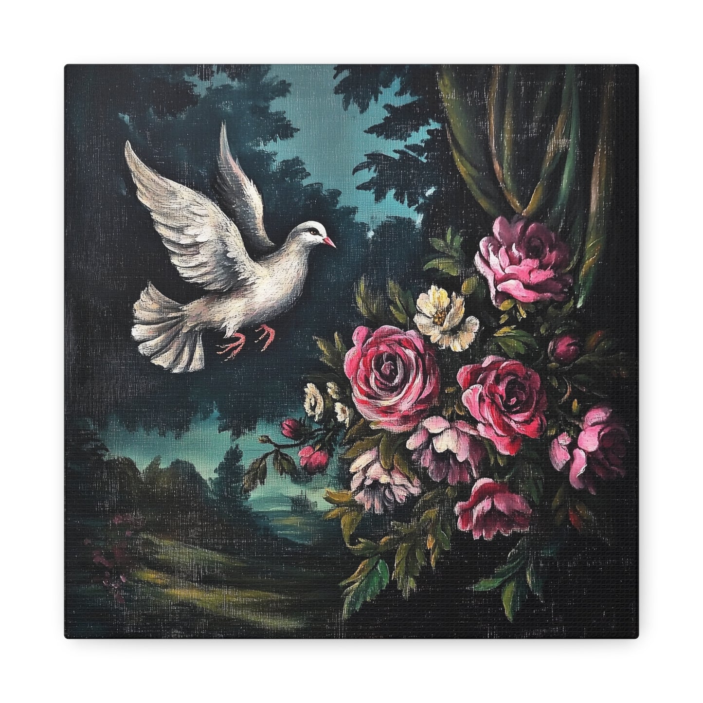 Dove & Roses Canvas Wall Art | Vintage Botanical Print