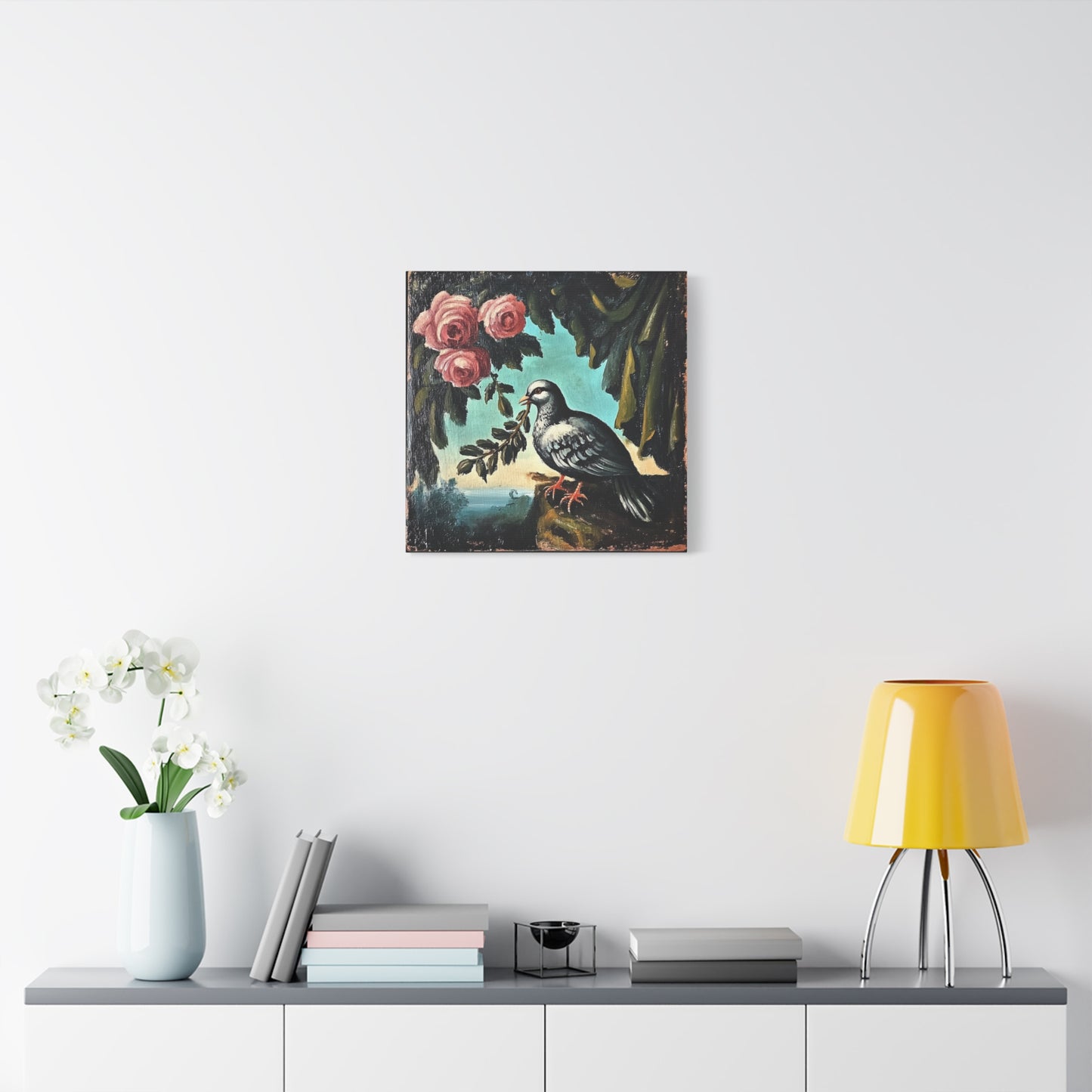Dove & Roses Matte Canvas Wall Art | Vintage Bird & Floral Print