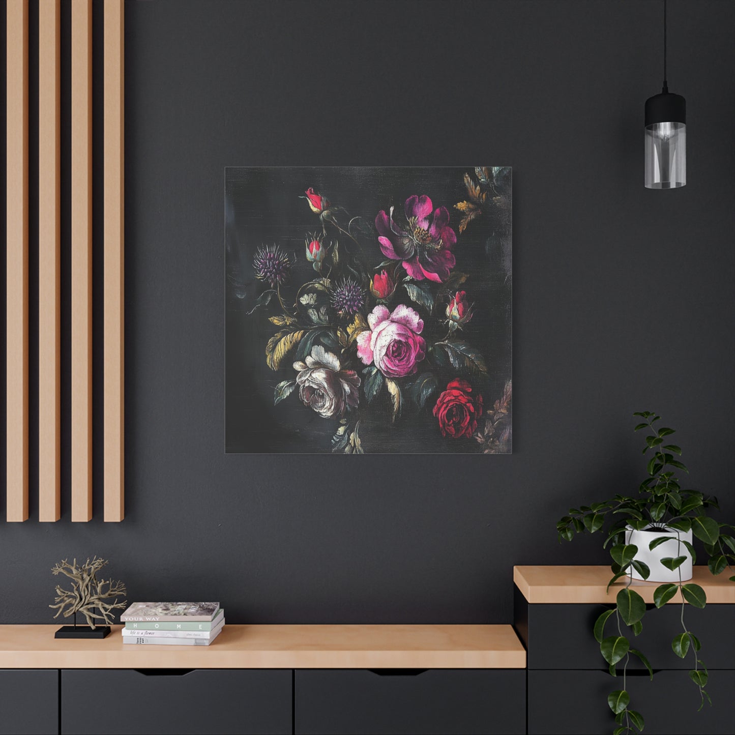 Vintage Dark Floral — Romantic Rose Bouquet Canvas Wall Art