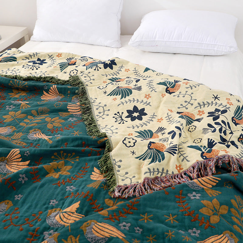 Folk Bird Botanical Throw Blanket | Farmhouse Cotton Sofa Cover