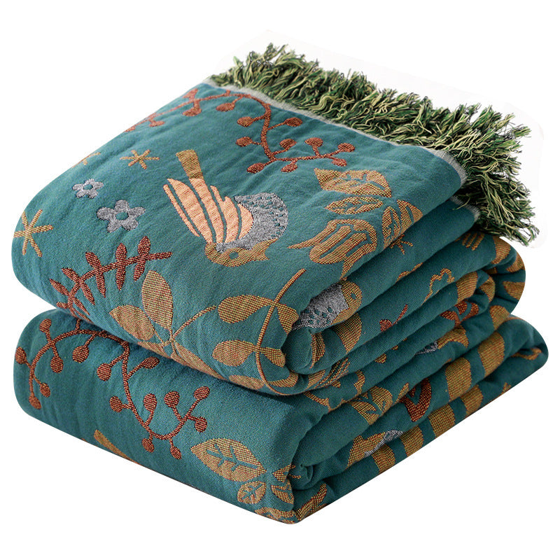 Folk Bird Botanical Throw Blanket | Farmhouse Cotton Sofa Cover