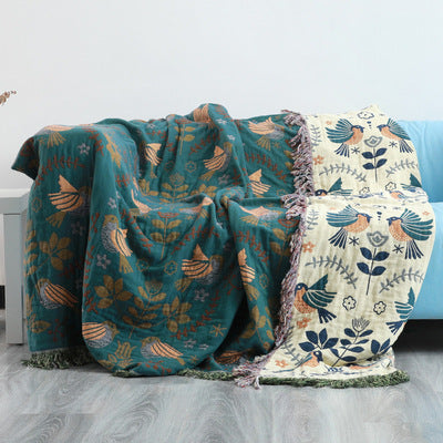 Folk Bird Botanical Throw Blanket | Farmhouse Cotton Sofa Cover