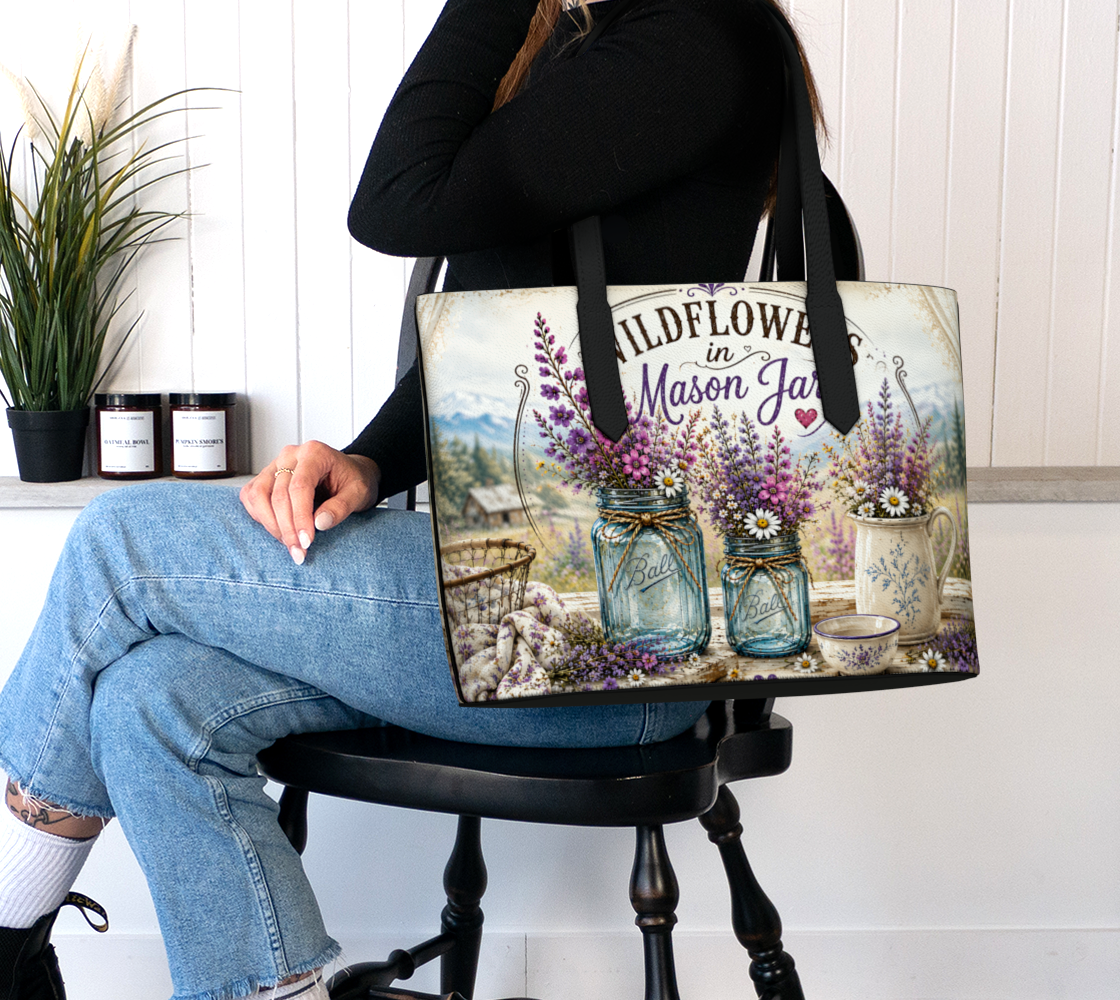 Wildflowers in Mason Jars Vegan Leather Tote Bag